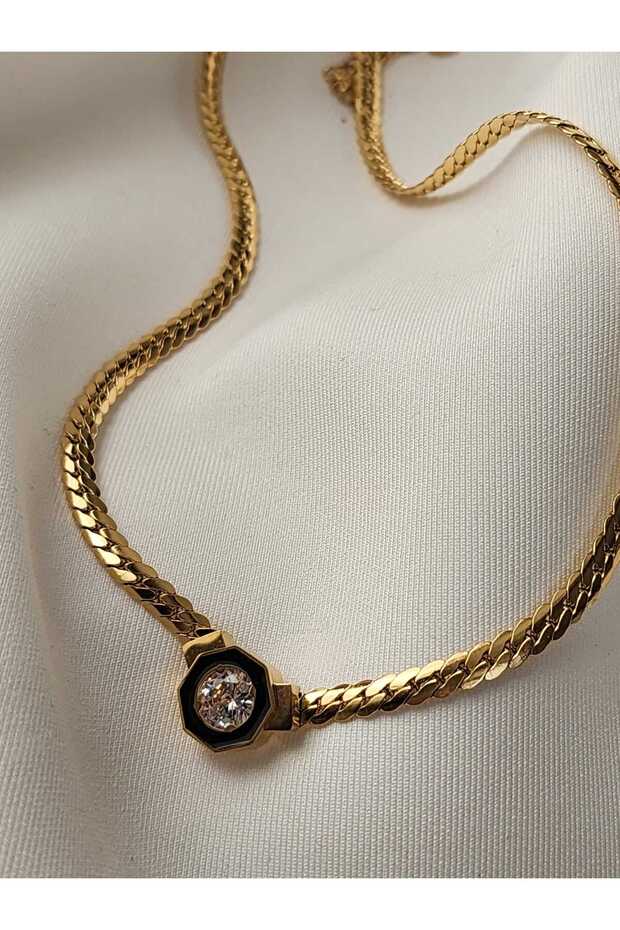Steel Necklace Gold Black Stone Detail Stainless Chain