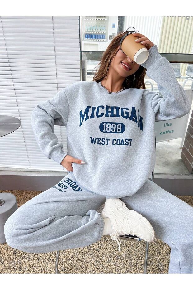3 Thread Michigan 1898 Sweatshirt Sweatpants Jogger - Gray Printed Bottom Top Sweatpants Set Crew Neck