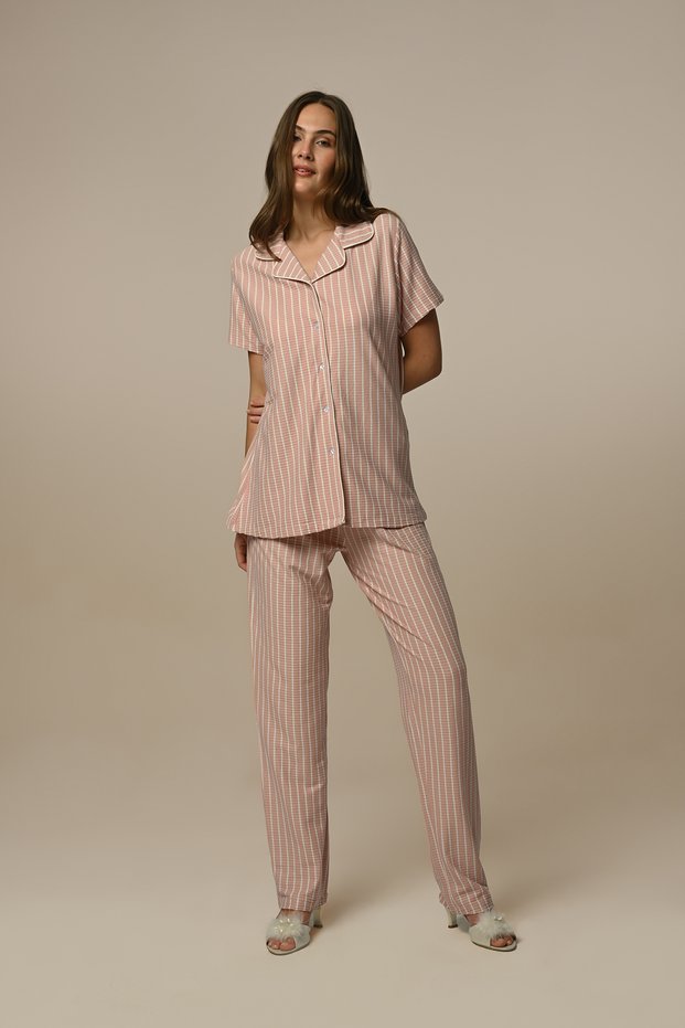 Cotton Striped Short Sleeve Shirt Collar Women's Pajamas Set