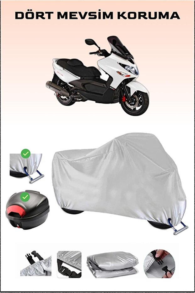Kymco Xciting 500 - مشمع دراجة نارية رمادي، حقيبة خلفية وقفل متوافق، آمن
