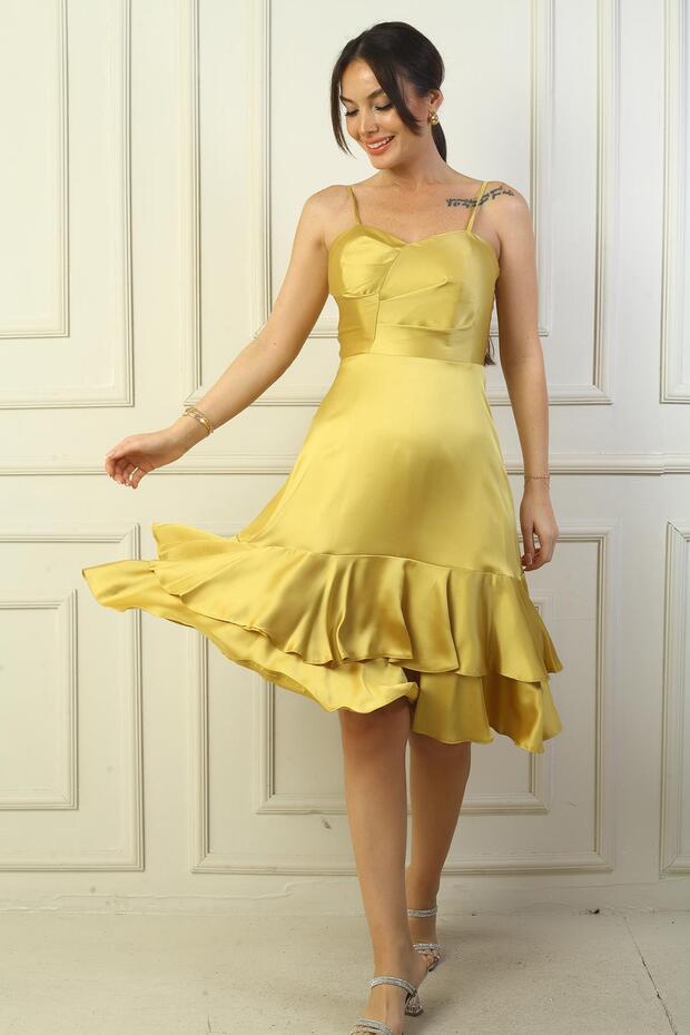 Women's Rope Strap Front Draped Lined Hem Double Layer Flounce Satin Dress