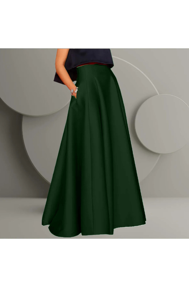 Women's Satin Pleated Flared Skirt with Pockets
