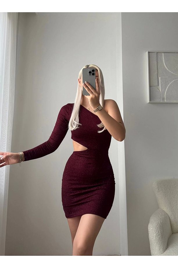 Bel Dekolte Tek Kol Simli Elbise - BORDO - 5