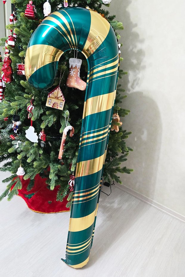 Long Green Gold Candy Cane Foil Balloon with Gold Detail Large Long Candy Cane Christmas Balloon 150 cm