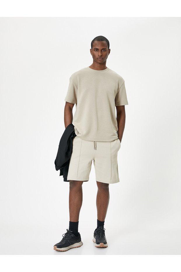 Bermuda Shorts with Lace-Up Waist Ribbed Pockets