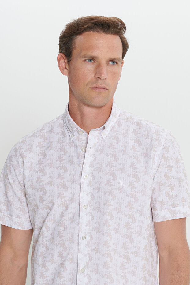 Erkek Beyaz-Bej %100 Pamuk Baskılı Slim Fit Dar Kesim Düğmeli Yaka Gömlek - 4