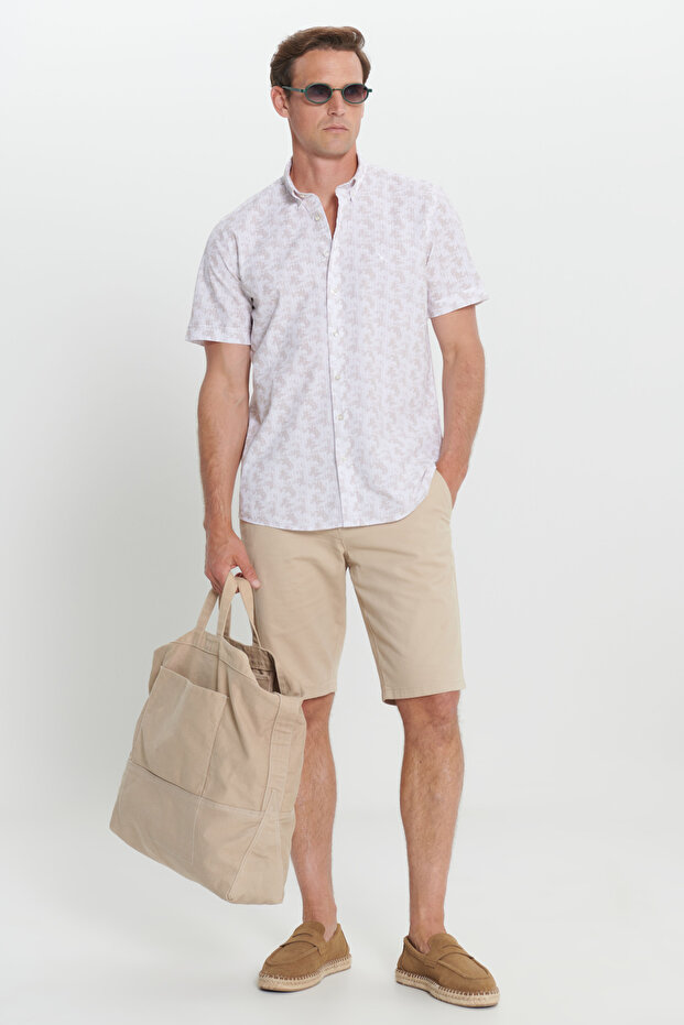 Erkek Beyaz-Bej %100 Pamuk Baskılı Slim Fit Dar Kesim Düğmeli Yaka Gömlek - 2