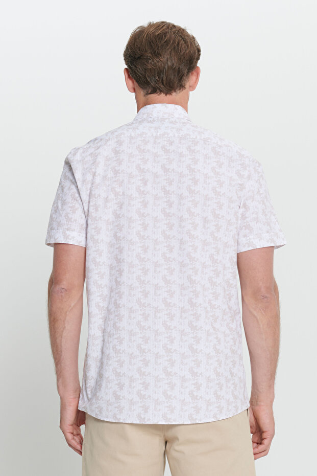 Erkek Beyaz-Bej %100 Pamuk Baskılı Slim Fit Dar Kesim Düğmeli Yaka Gömlek - 5