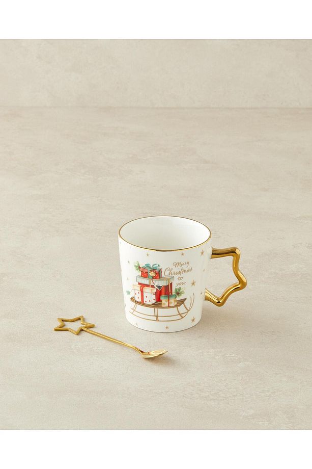 Presents New Bone China Kaşıklı Kupa 360 ml Kırmızı - Yeşil - 2