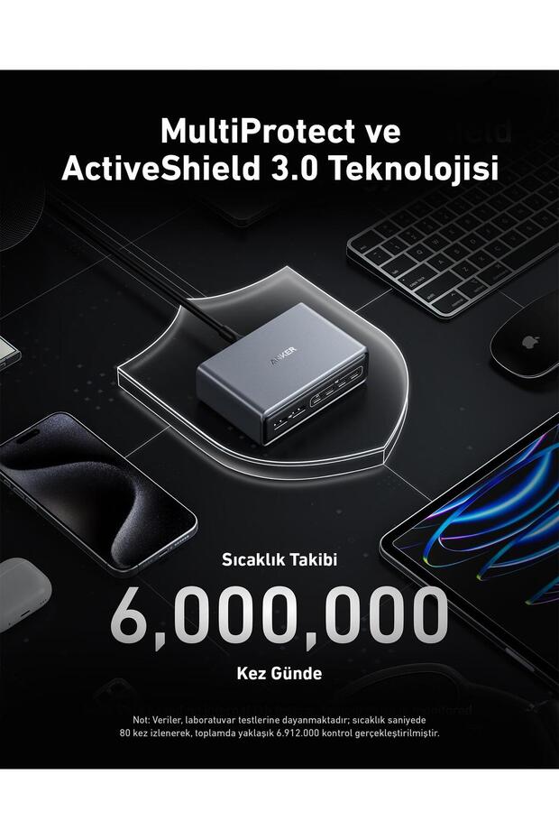 Prime 200W USB-C Şarj Cihazı, 6 Bağlantı Noktalı GaN Şarj İstasyonu, Gümüş - A2683 - 2
