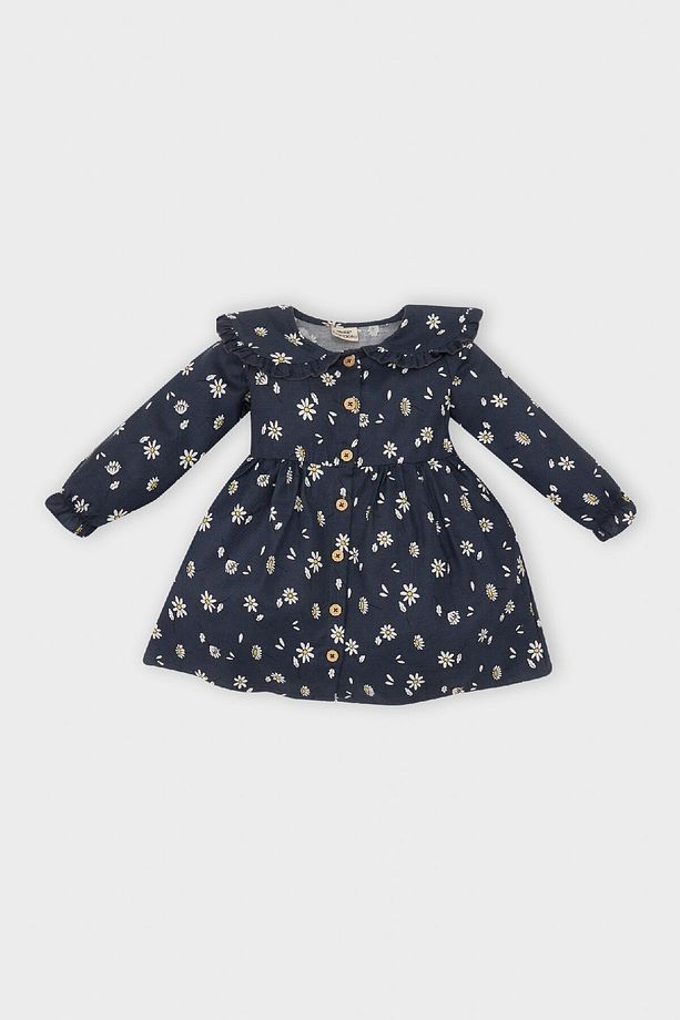 Kız Bebek Çiçekli Uzun Kollu Yakası Fırfırlı Twill Elbise D5633A524WN - 1