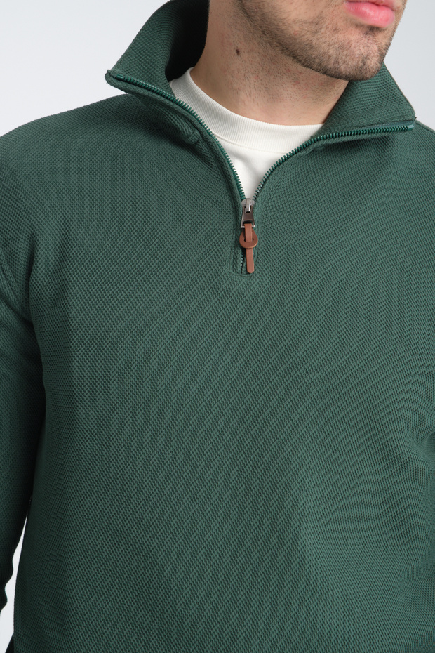 Unisex Regular Fit Cotton Honeycomb Braided Half Zipper Stand Collar Sweatshirt