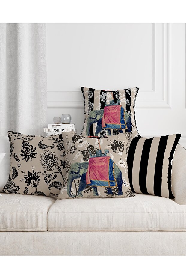 Black Color Ethnic Indian Elephant Patterned Digital Printed 4-Piece Seat Pillow and Throw Pillow Cover Set