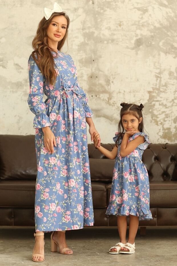 Hijab Blue-Pink Rose Waist-Ruched Mother-Daughter Set (SOLD SEPARATELY)