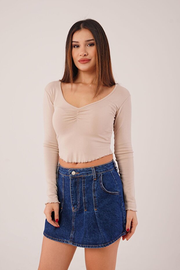 Geniş Yaka Bej Basic Body Bluz - 1