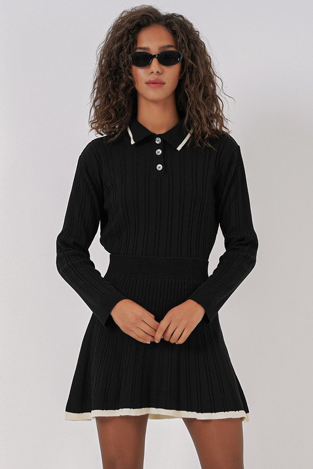 15907 Women's Polo Neck Sweater Skirt Knitwear Double Set - Black