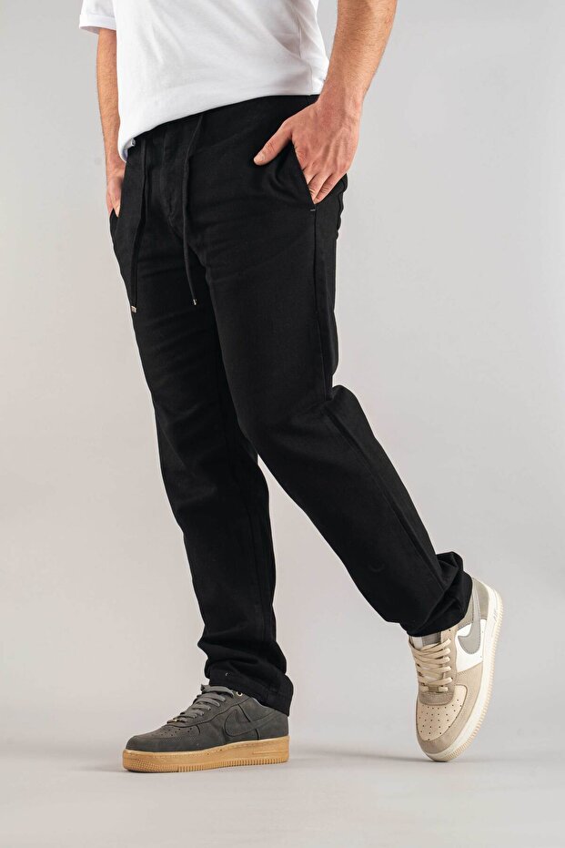 Men's Black Comfortable Fit Bagy Belted Drawstring Canvas Jeans