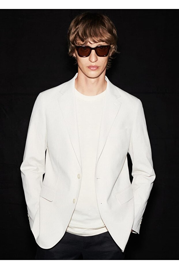 Çizgili gofre pamuklu slim fit blazer ceket - 8