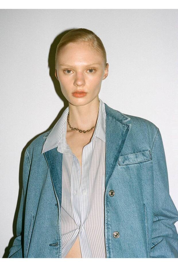 Düğmeli denim blazer ceket - 7