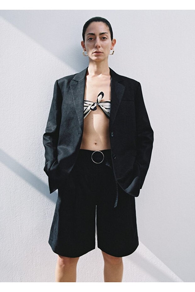 Düğmeli keten blazer ceket - 8