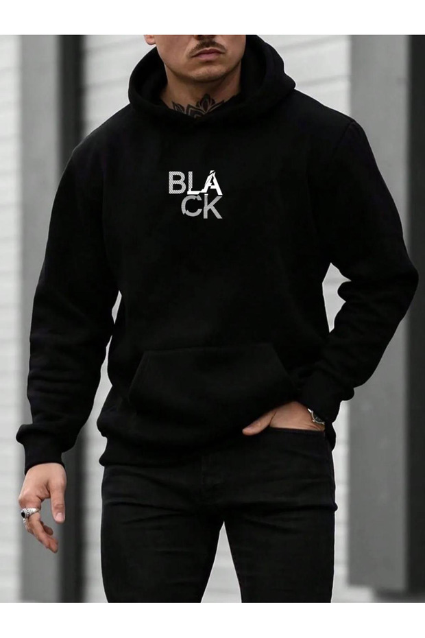 Erkek Siyah Kapüşonlu Oversize Sweatshirt black Baskılı - 1