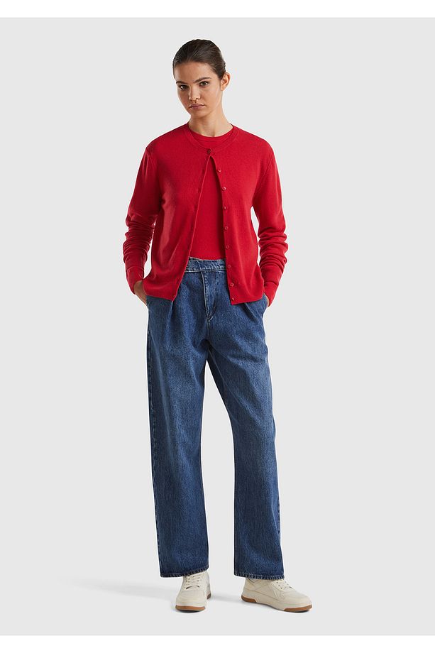 Kadın Kırmızı Bisiklet Yaka %100 Merino Hırka - 5