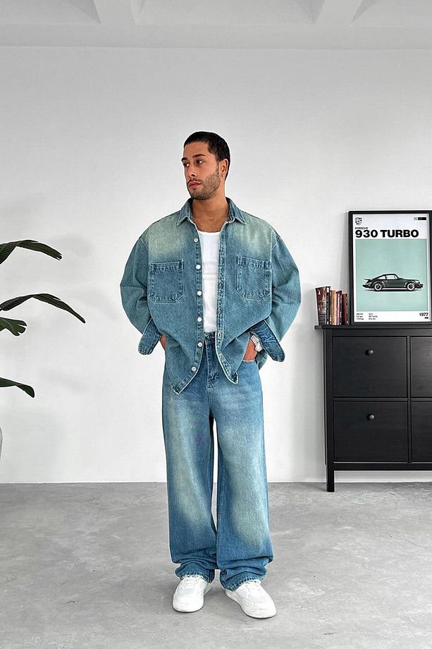 Soft Mavi Çift Cep Detay Oversize Kot Ceket - 3
