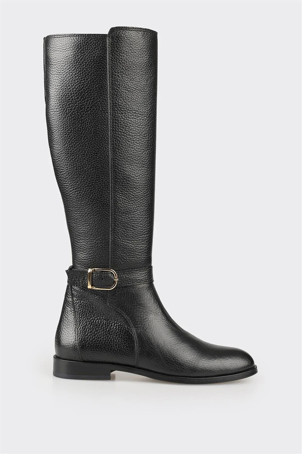 Genuine Leather Buckle Below the Knee Black Sine Boots