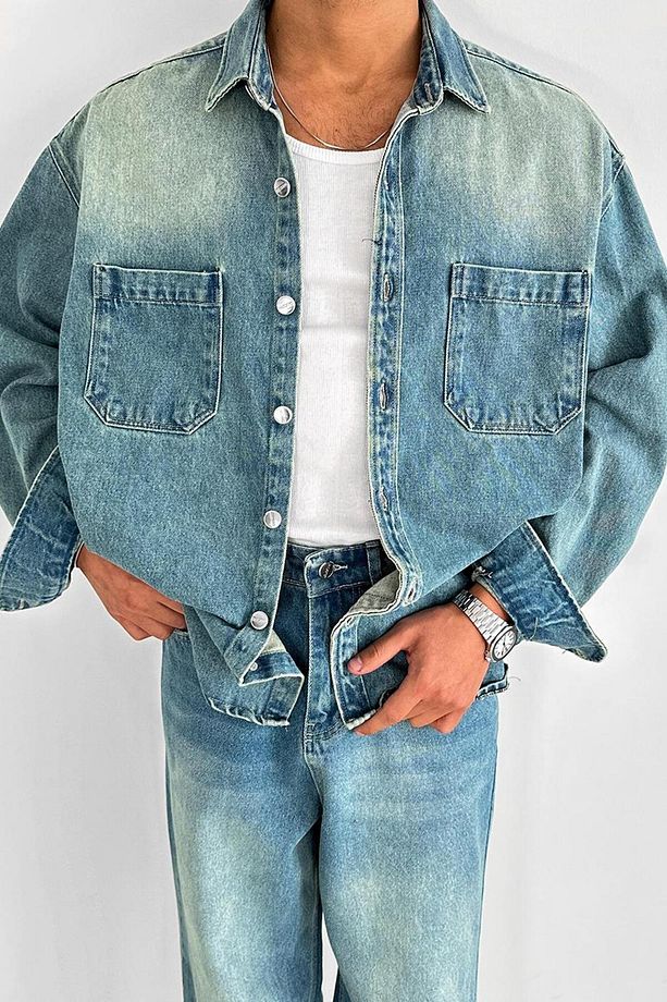 Soft Mavi Çift Cep Detay Oversize Kot Ceket - 1