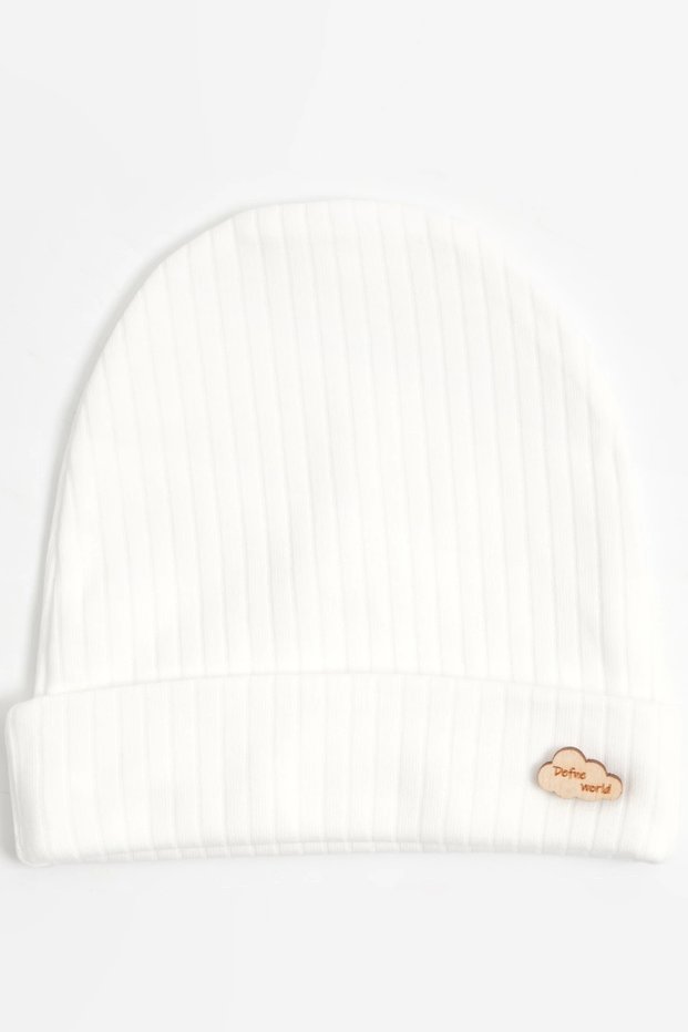 Baby Girl Ecru Cotton Beanie with Wooden Emblem