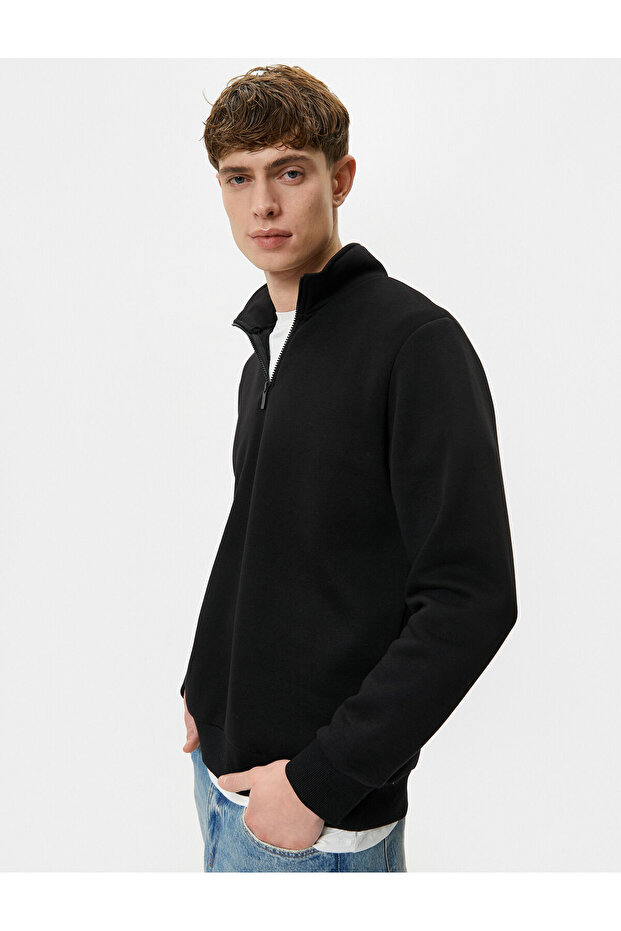 Half Zipper Sweatshirt Basic Stand Collar Ribbed Long Sleeve - 1