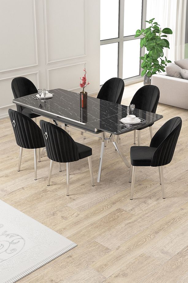 Sim Serisi 89x150 Açılabilir Lak Panel Siyah Mermer Krom Ayak Masa Takımı ve 6 Siyah Sandalye - 2
