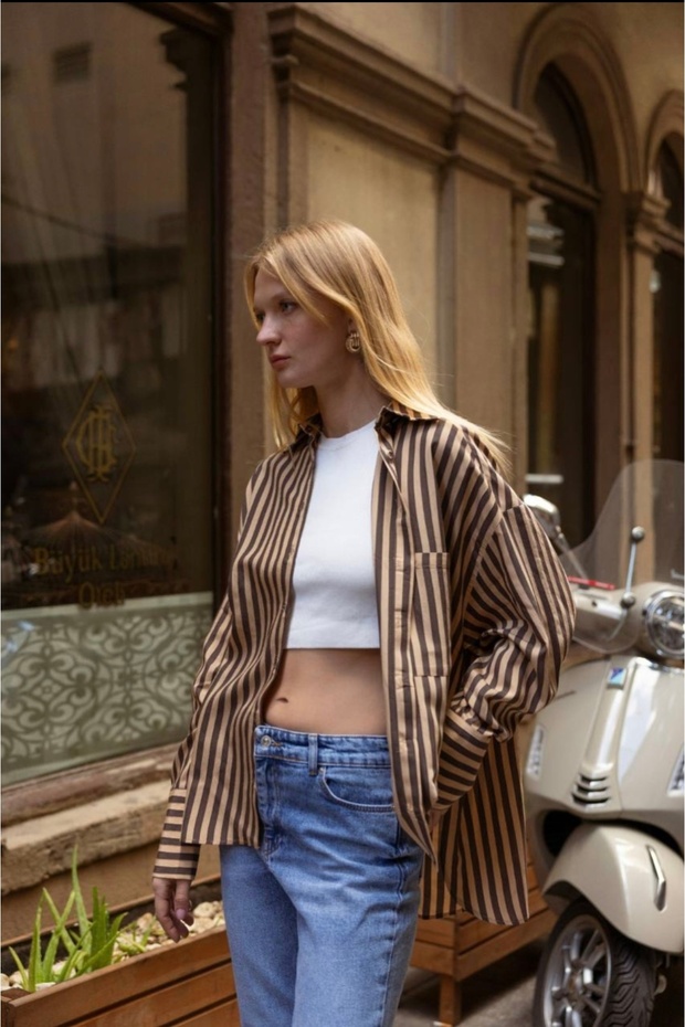 camel laci çizgili oversize gömlek - 2