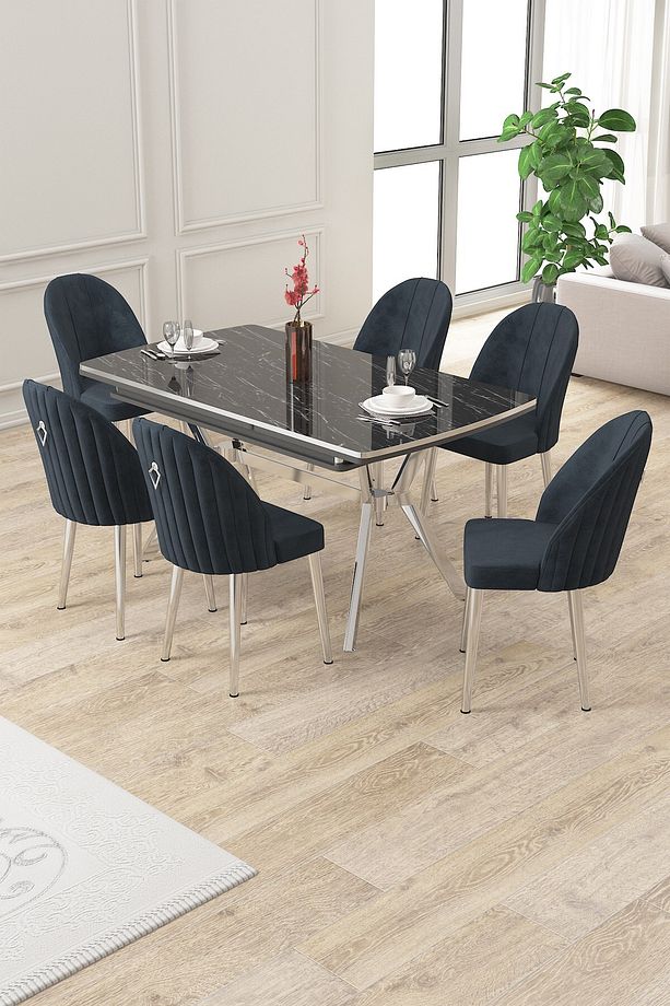 Sim Serisi 89x150 Açılabilir Lak Panel Siyah Mermer Krom Ayak Masa Takımı Ve 6 Antrasit Sandalye - 1