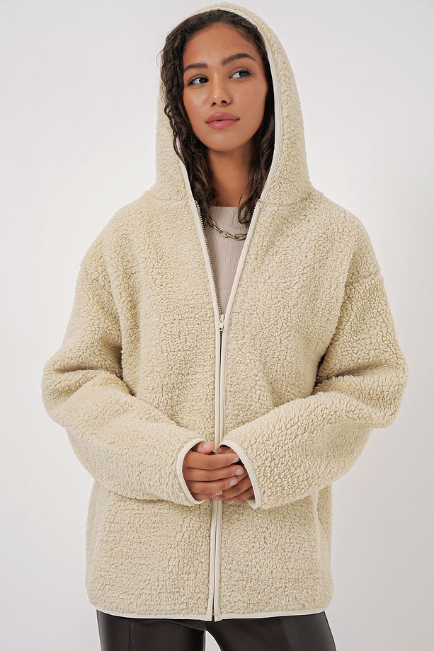 55456 Kadın Kapüşonlu Oversize Peluş Ceket - Ekru - 4
