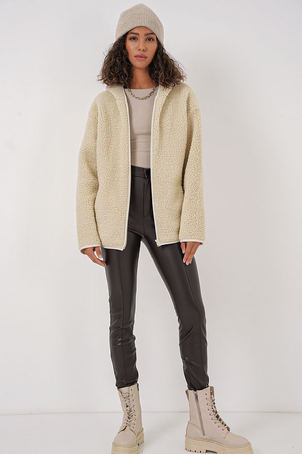 55456 Kadın Kapüşonlu Oversize Peluş Ceket - Ekru - 2