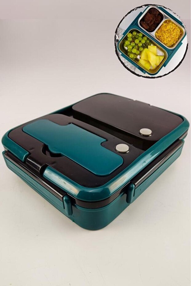 Food Transport and Storage Container with Compartmented Steel Container for Work, Office, School 25 cm Green - Yk1392