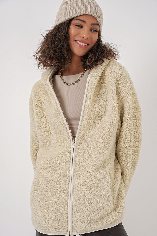 55456 Kadın Kapüşonlu Oversize Peluş Ceket - Ekru - 3