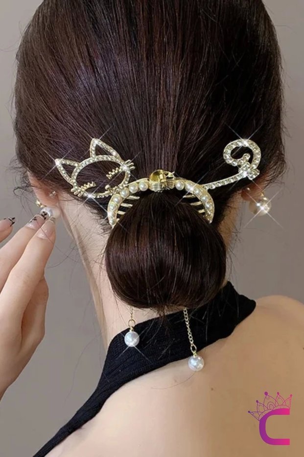 Cat Design Pearl and Rhinestone Spring-Loaded Hair Bun Clip Metal Gold - Dangling Hair Bun Clip