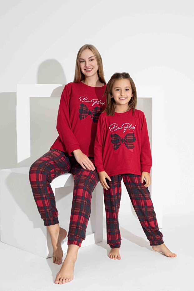 Women's Red Plaid Pattern Mother Daughter Combination Thermal Cloth Winter Warm Sleepwear Set