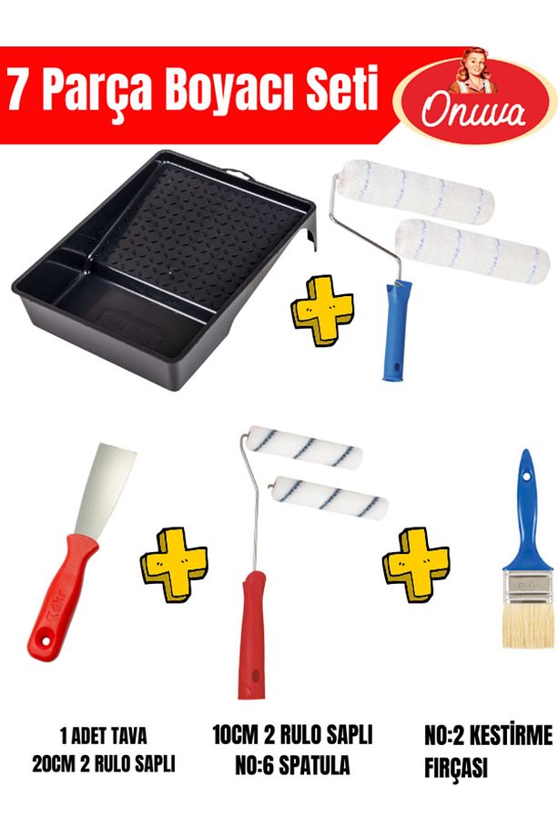 7 parça Boyacı set,20cmx2 Adet,10cm x 2 adet,No:6 Spatulax1 adet,No:2 Kestirme Fırçası,Tava - 1