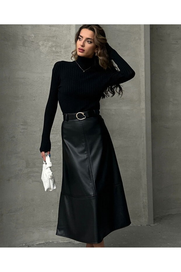 Kemerli Suni Deri Basic Etek - 1
