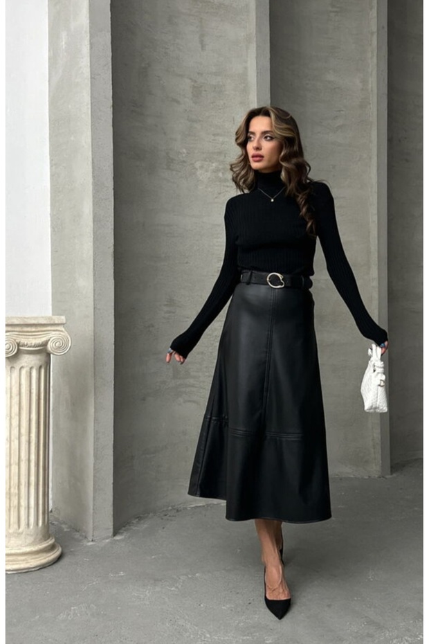 Kemerli Suni Deri Basic Etek - 2