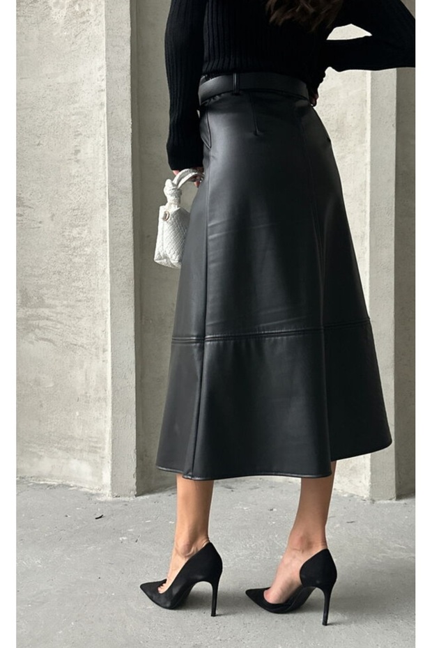 Kemerli Suni Deri Basic Etek - 5