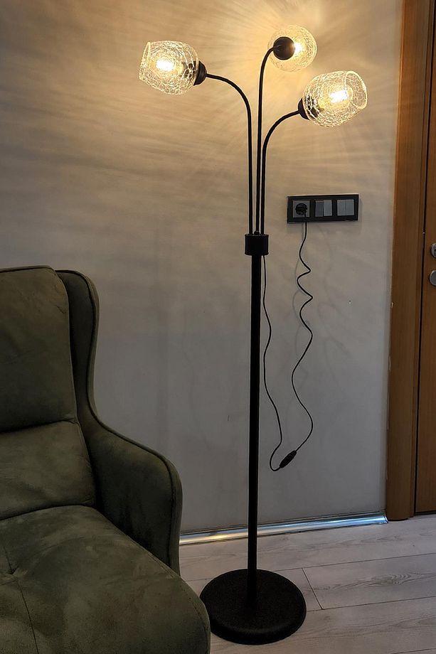 Zambak 3 Lü Siyah Tasarım Metal Ayaklı Lambader Çatlak Cam Oturma Odası-Salon Lambader - 1