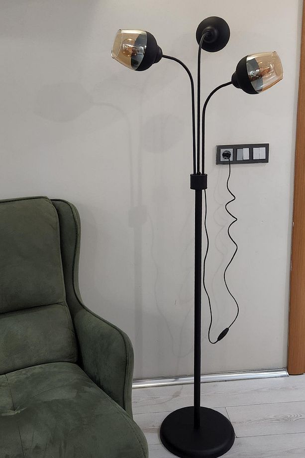Zambak 3 Lü Siyah Tasarım Metal Ayaklı Lambader Nives Cam Oturma Odası-Salon Lambader - 3