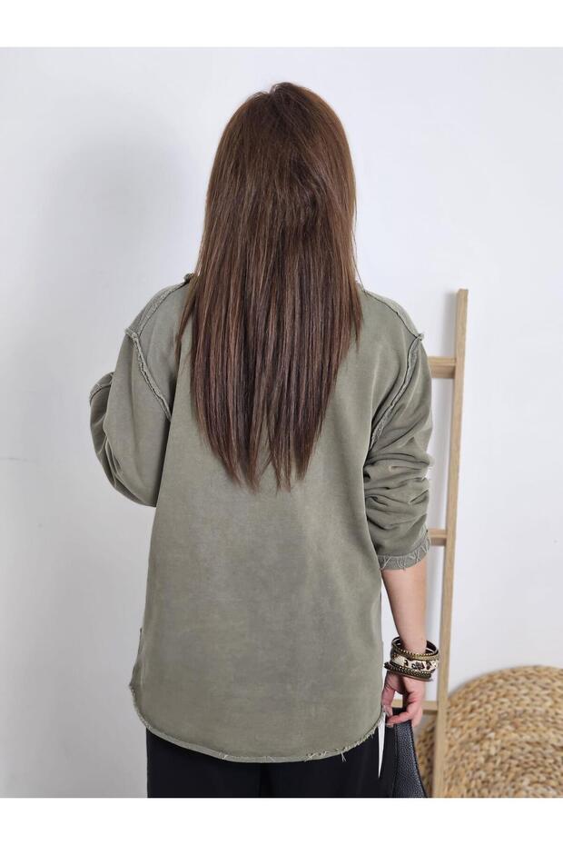 FELİX12905 Ağaçlı Yıkamalı Oversize Haki Yeşil Sweatshirt - 2