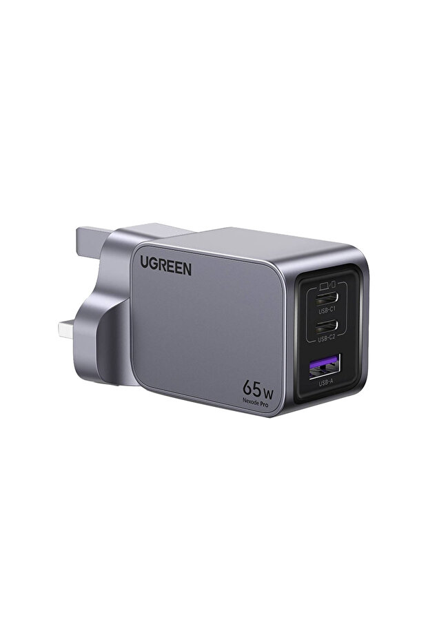 شاحن حائط Nexode GaN Tech بمنفذين USB-C ومنفذ USB بقوة 65 وات - رمادي