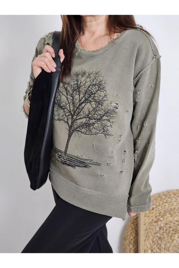 FELİX12905 Ağaçlı Yıkamalı Oversize Haki Yeşil Sweatshirt - 3