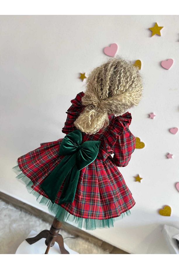 Ekose Elbise, Tatil Kız Elbisesi, Kırmızı Noel Partisi Kıyafeti, Küçük Çocuk Noel Elbisesi - 3